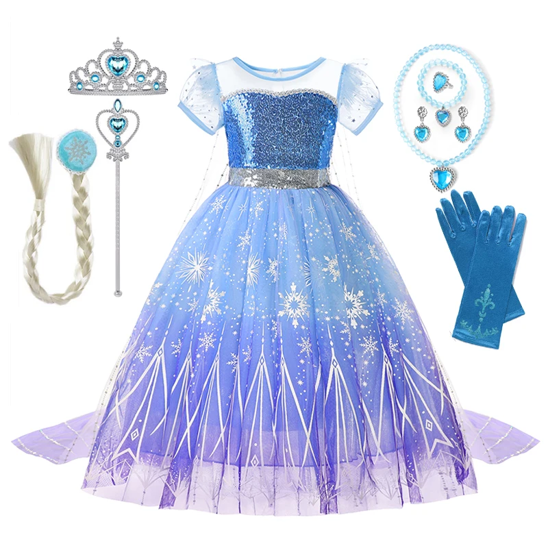 Girls Elsa Cosplay Princess Costume Frozen Role Play Dress Up Fancy Frocks Party Gown Sequin Mesh Vestidos Girls Birthday Dress