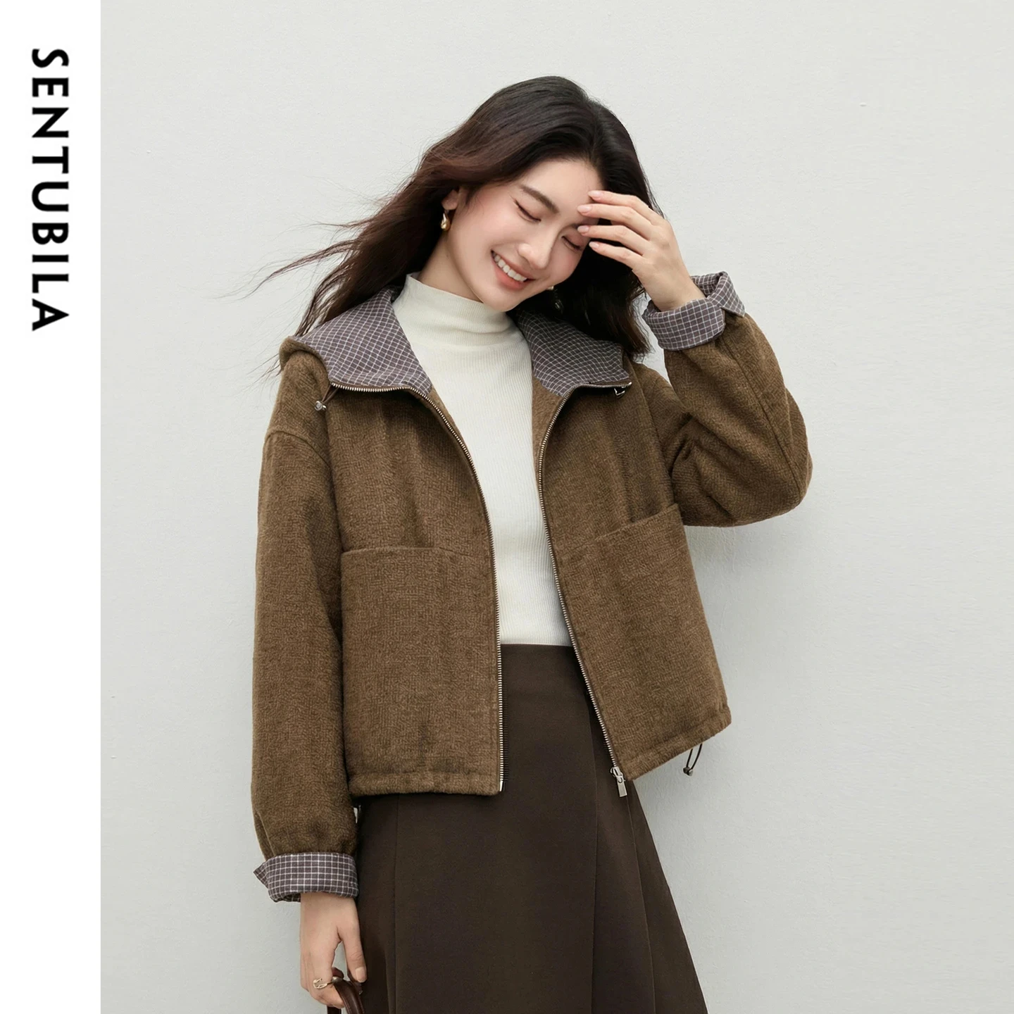 SENTUBILA Women's Winter Hooded Parkas 2026 Retro Maillard Style Contrast Plaid Wool Blend Padded Coat Warm Outwears W64MC6620