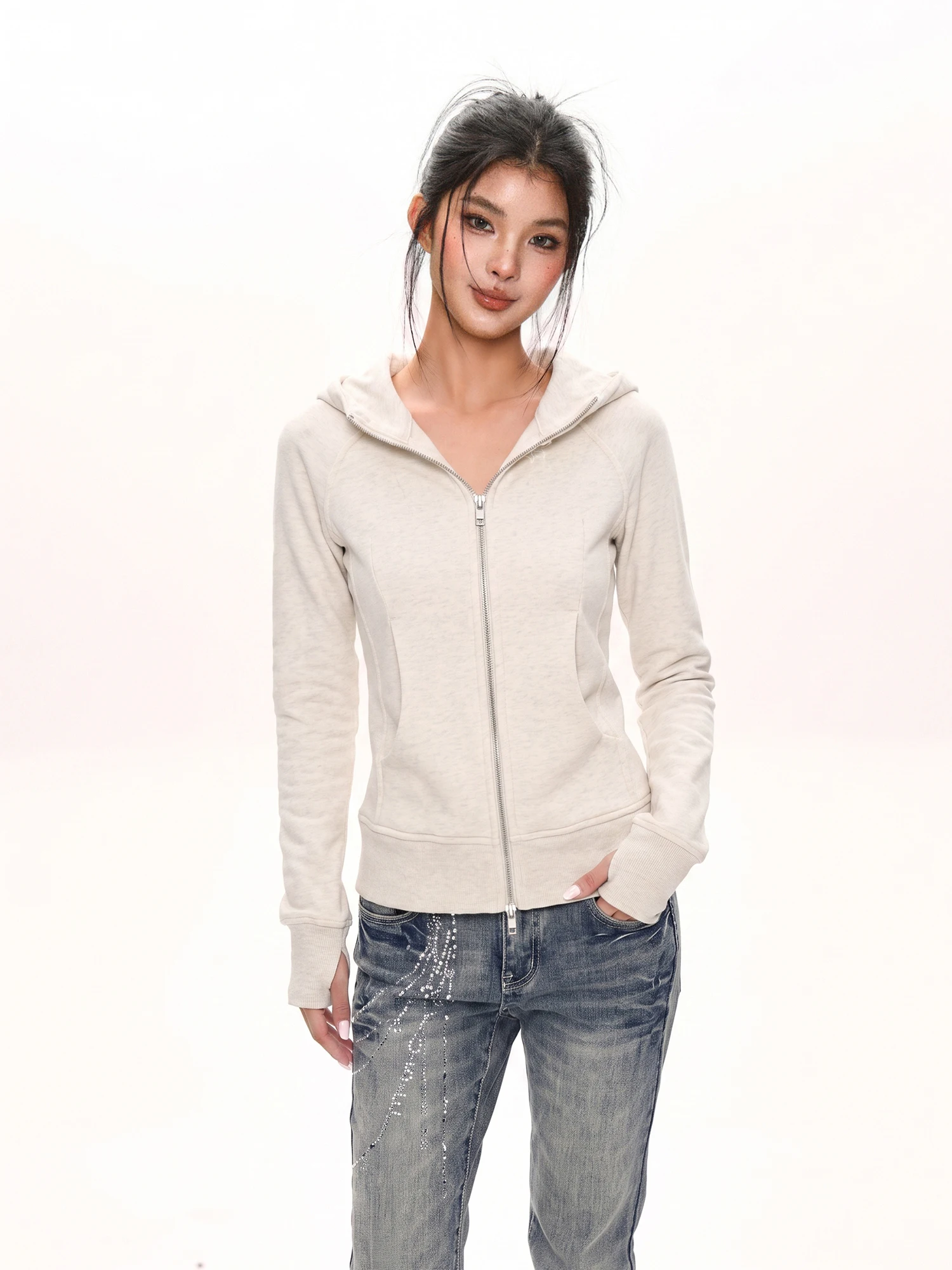 Gray Hooded Zipper Sweatshirt Jacket Women's Early Autumn Thin Long Sleeve Top Autumn Winter Slim Fit Hoodie Commute Style