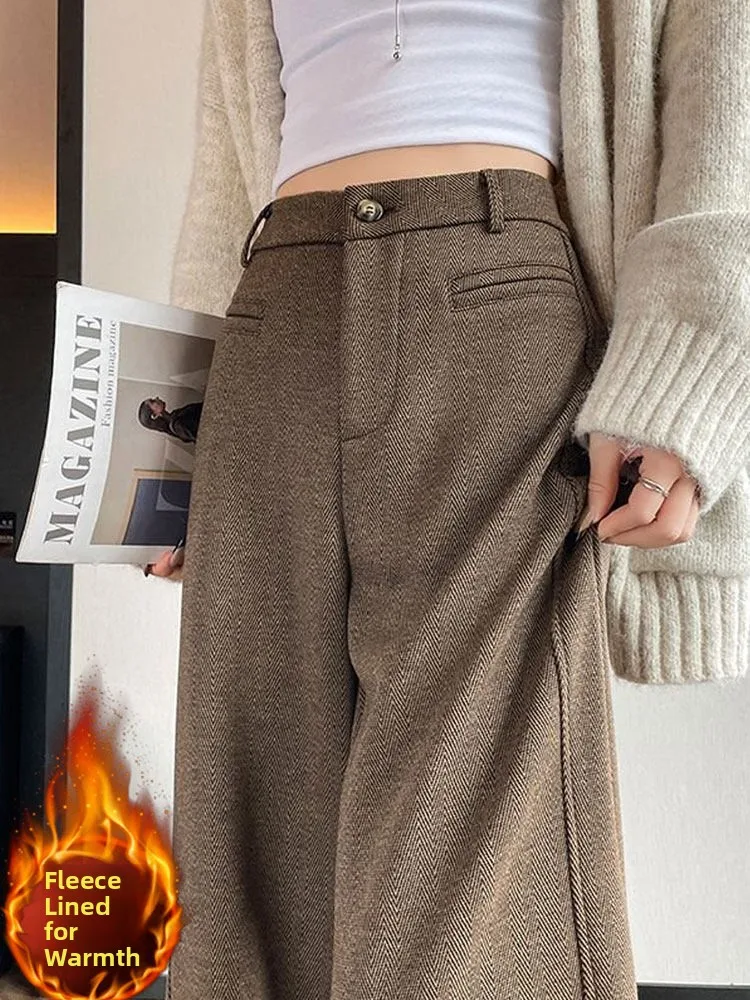 

High Waist Woolen Wide Leg Pants Women's Autumn Winter New Style Fleece Lined Thickened Drapey Straight Casual Trousers
