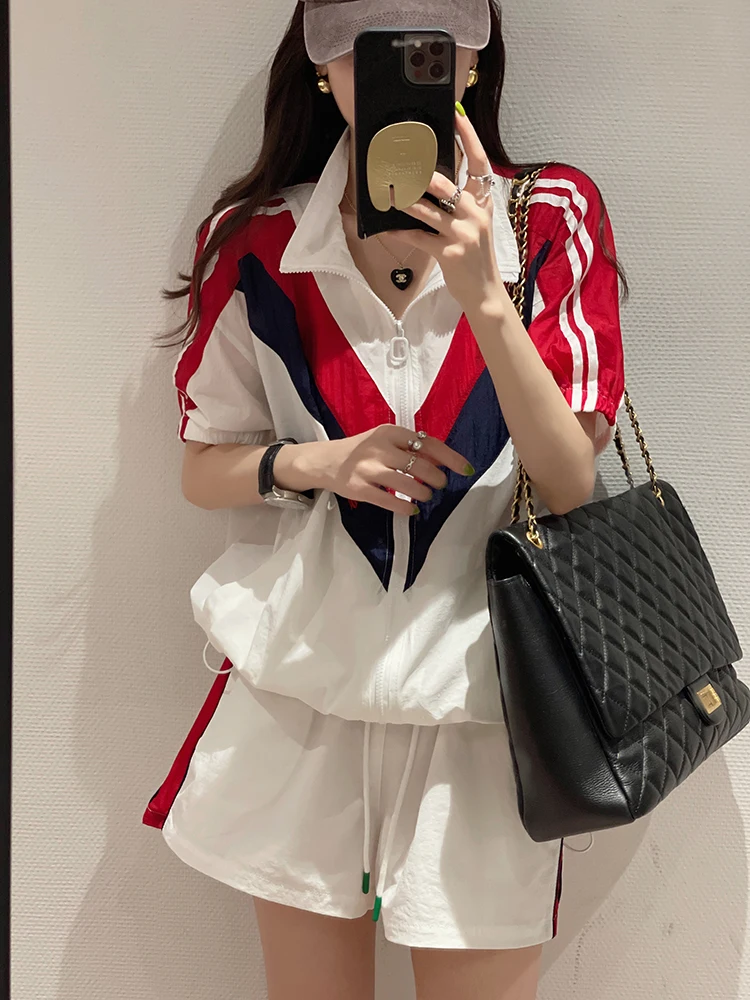 Fashion Casual Sports Suit Women 2024 New Thin Polo Neck Coat Tops+Elastic Waist Shorts Short Sleeve 2 Piece Sets Women Outfit