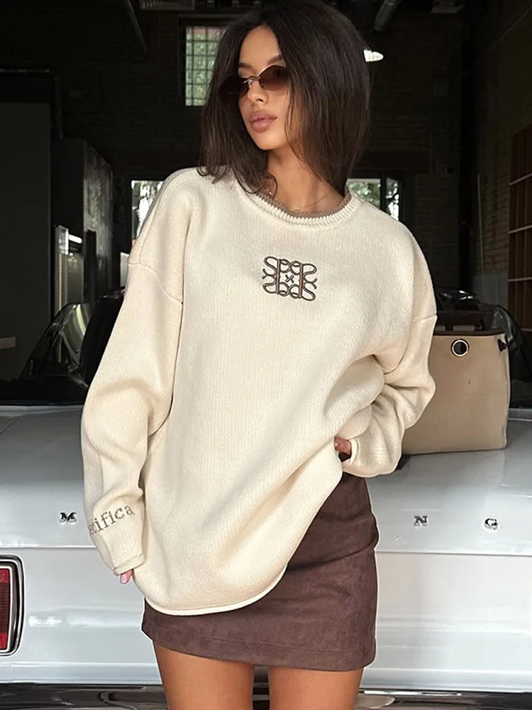 

Casual Beige Women Round Neck Knit Sweater 2025 New Fashion Long Sleeve Pullover Top Chic Daily High Street Lady Loose Sweaters