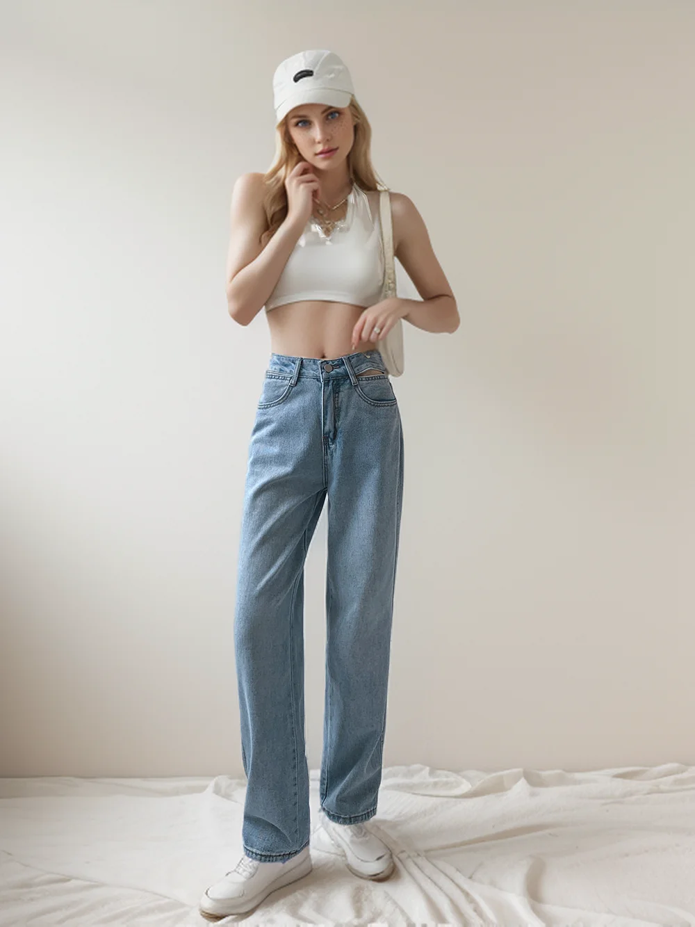 150 Petite girls Hollow Jeans Women's High Waist Straight Wide Legs Love Design Nine Points xs High Summer