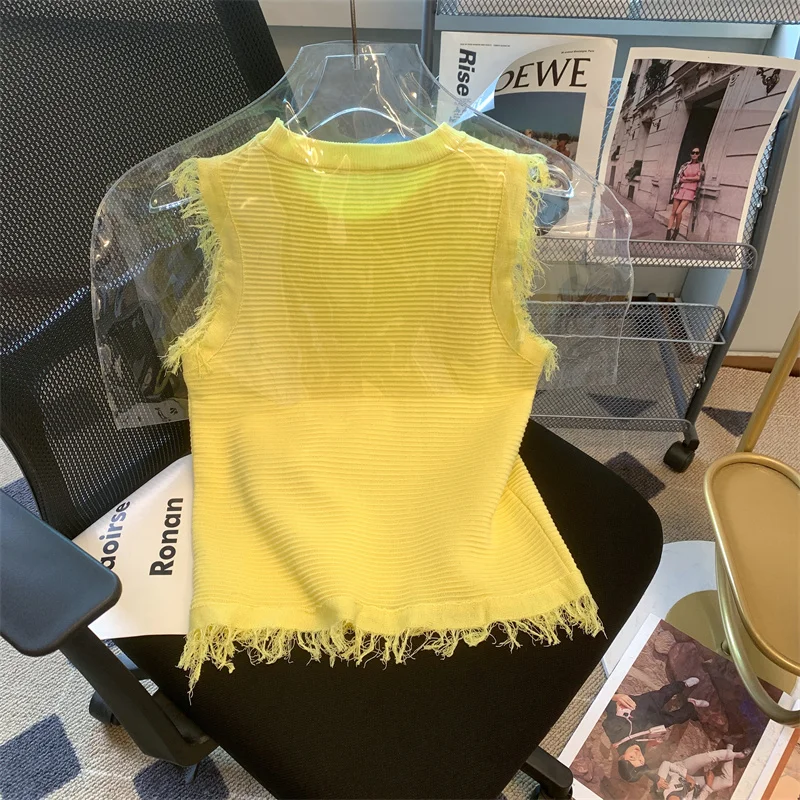 2023 Summer Yellow Knitted Sweater Vests Women Sleeveless O-neck Crop Tops Solid Slim Elegant Chic Ladies Jumpers Pullovers