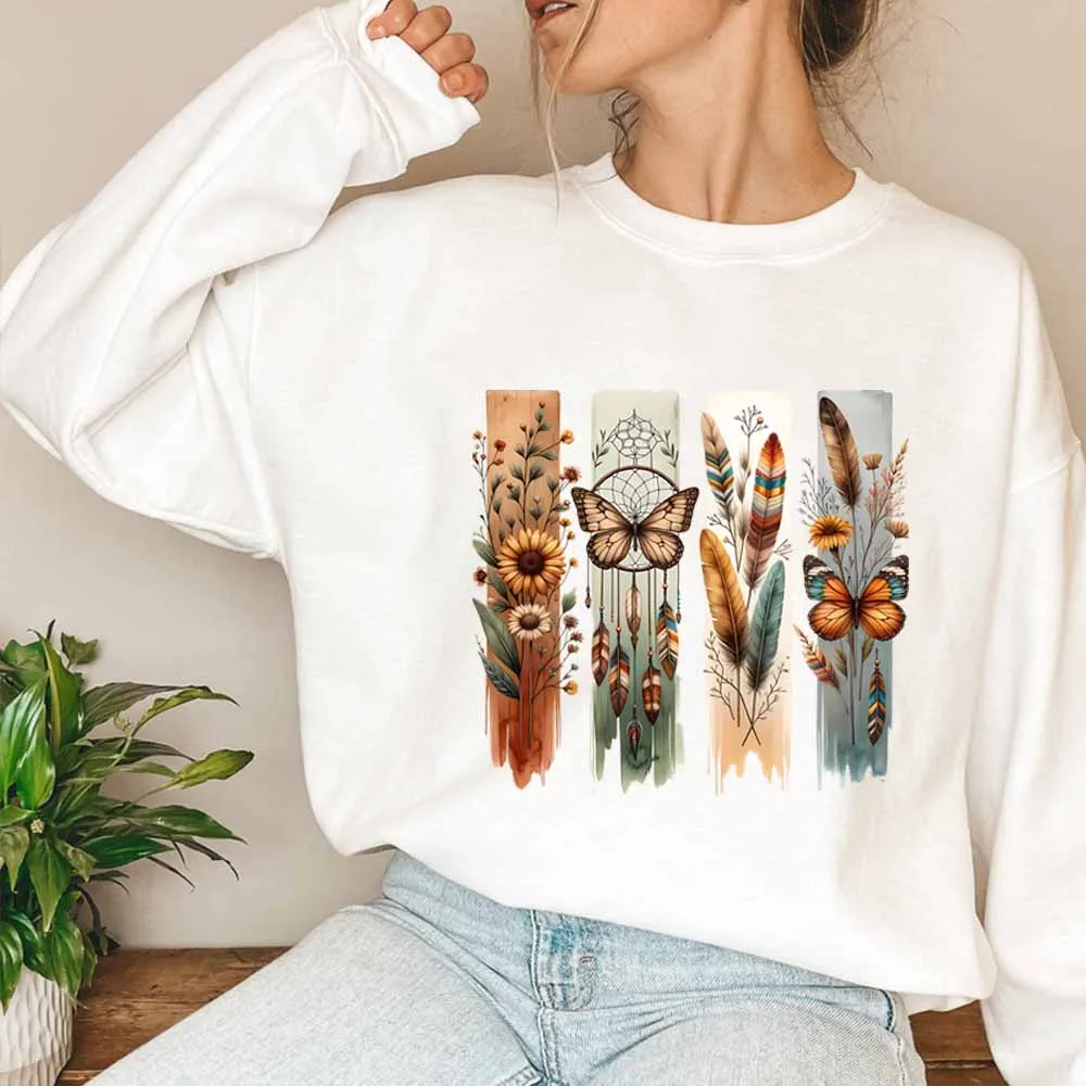Sudadera bohemia con flores y mariposas, sudadera con capucha con atrapasueños de flores silvestres, camisa Floral de plumas bohemias, sudaderas con cuello redondo de moda occidental