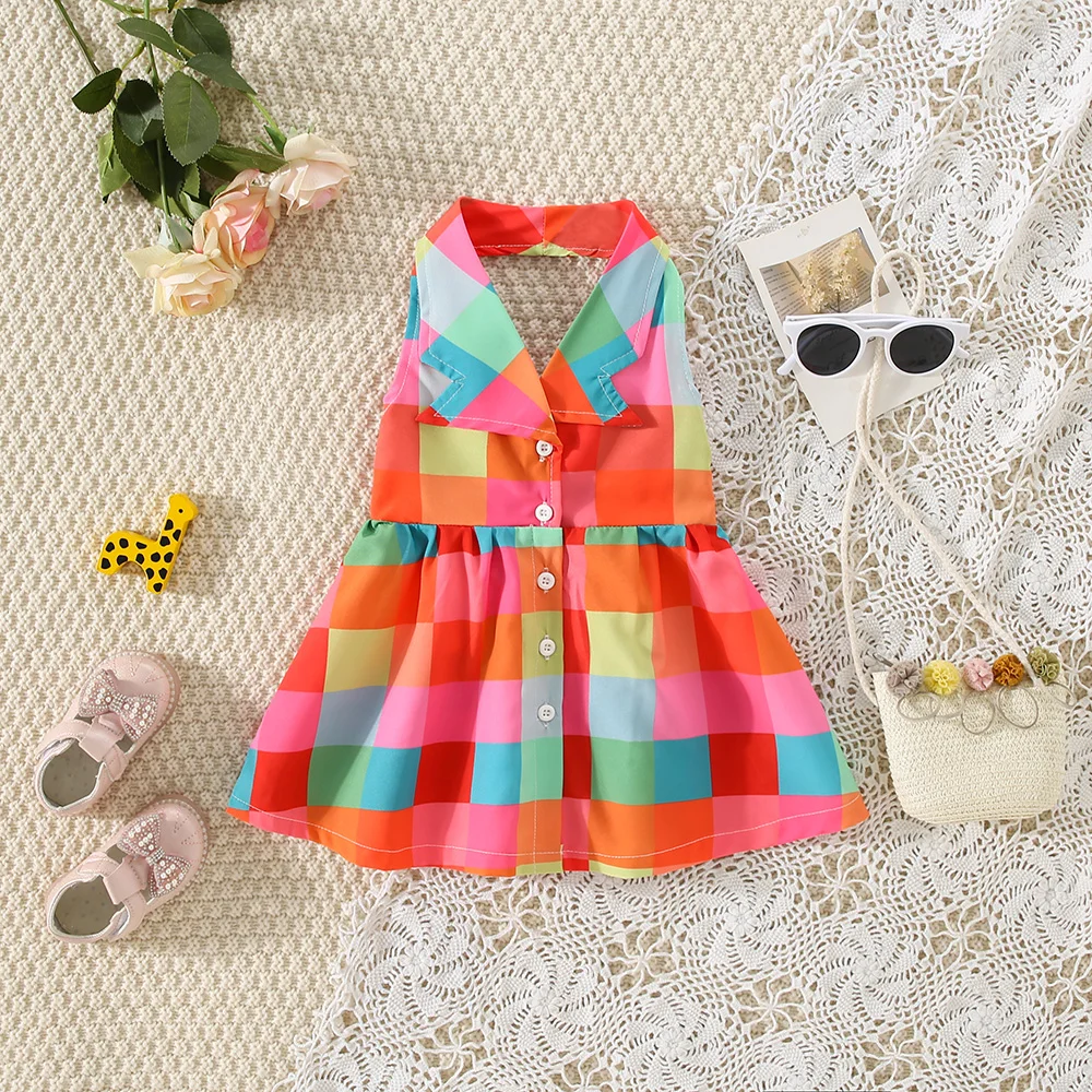 Summer New Girls\' Contrasting Plaid Printed Hollow Out Dress For Baby Girls Korean Version Suit Collar Sleeveless Skirt