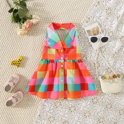 Summer New Girls' Contrasting Plaid Printed Hollow Out Dress For Baby Girls Korean Version Suit Collar Sleeveless Skirt