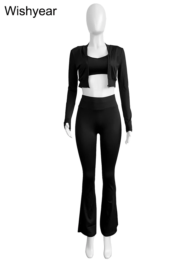 Fashion Solid 3 pezzi set donna manica lunga Crop top + Tanks + Flare Pants Active Fitness Jogging tute Streetwear Outfits