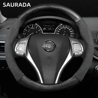 Suede carbon fiber embossed steering wheel cover 38CM for Nissan Qashqai Juke J10 J11 X-Trail T32 T31 Kicks Tida Pathfinder