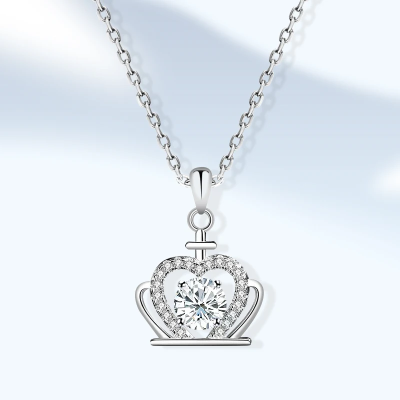 

925 Silver Necklace Pendant Round Cut 0.5/1/2ct Moissanite Pass Diamond Test for Women Elegant Crown Necklace Wed Bridal Jewelry