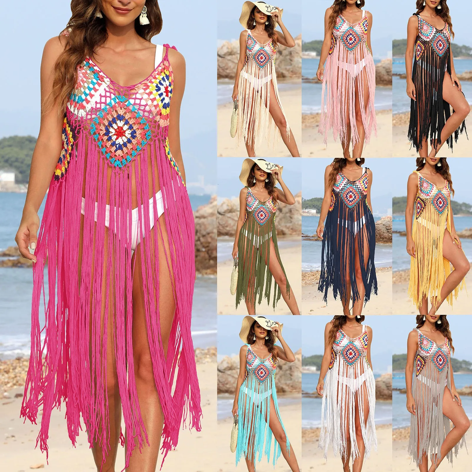 Summer Dresses For Women 2024 Sleeveless Bandage Backless Crochet Hollow Out Bathing Beach Cover Up Dress Female Vestidos