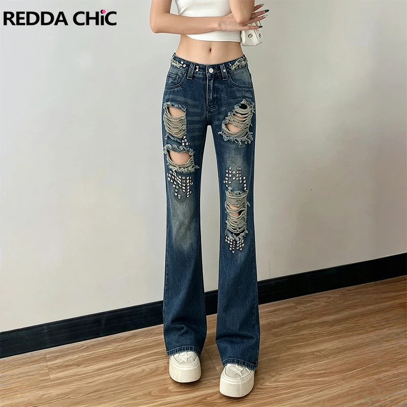 

ReddaChic Women's Ripped Low Rise Jeans Punk Studded Tall Girl Relaxed Fit Raw Hem Flare Denim Trousers Vintage Y2K Streetwear