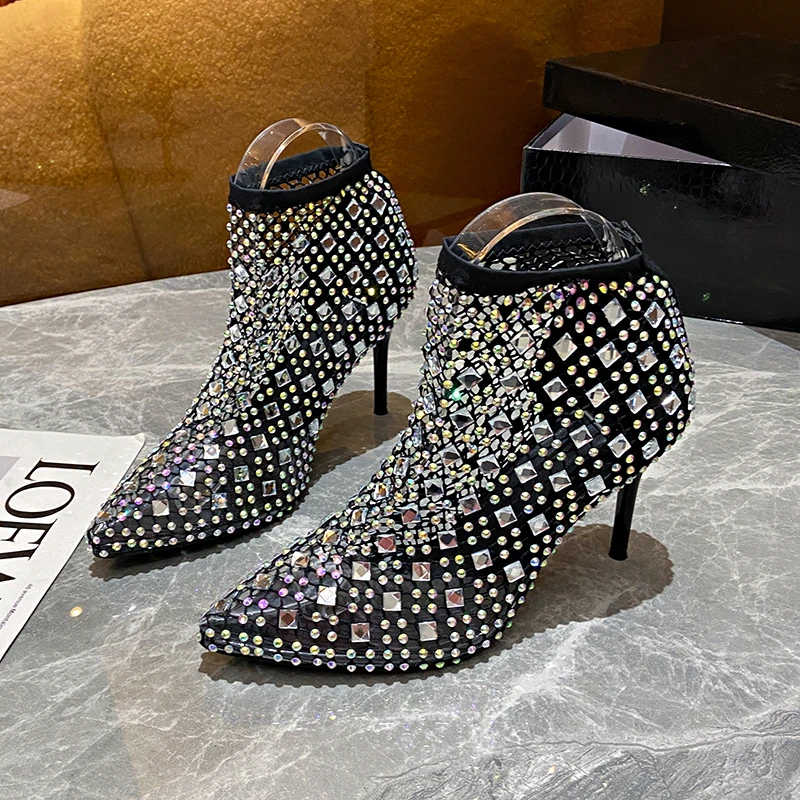 2023 Women Sandals Full Rhinestone Mesh Summer Boots Women Zapatos Transparentes De Mujer Size 43 Goth High Heels Cowboy Boots