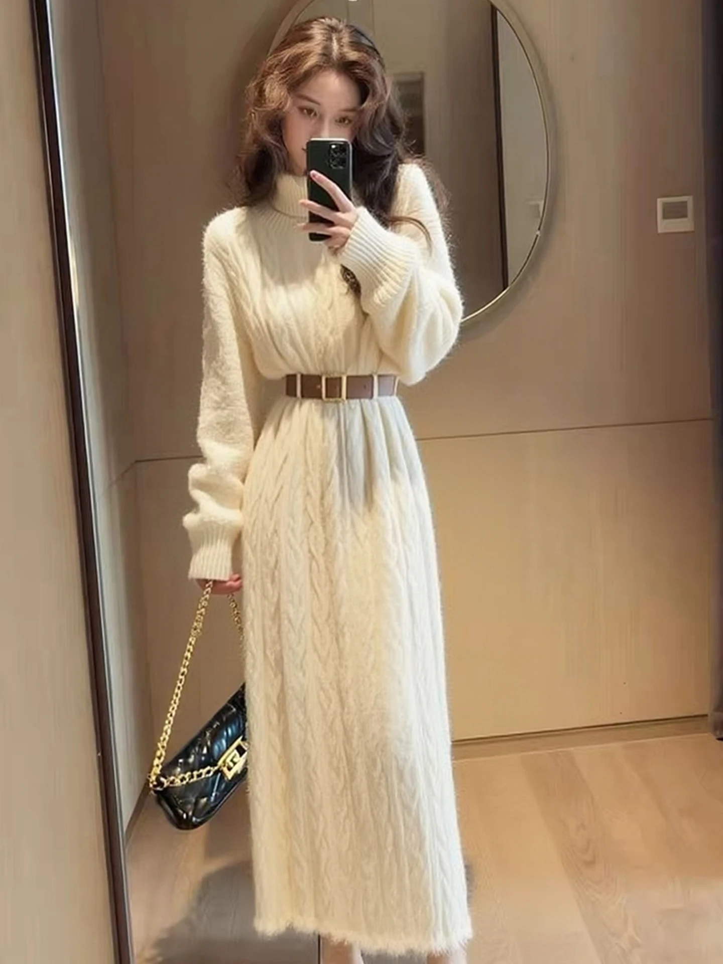 

Autumn Winter Women's Knitted High Collar Long Sleeve Sweater Dress Slim Fit Warm Fashionable Top Korean Style Loose Fit