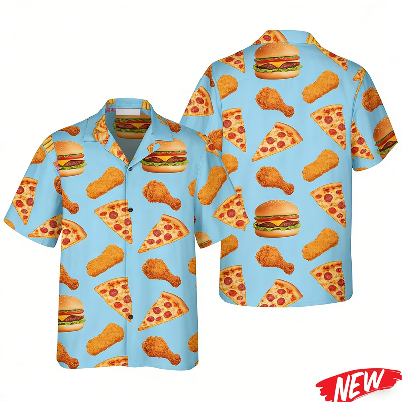 

Мужская летняя пляжная рубашка с 3D-принтом: Гамбургер, картофель фри, жареная курица, пицца. Гавайская рубашка с отложным воротником и коротким рукавом.