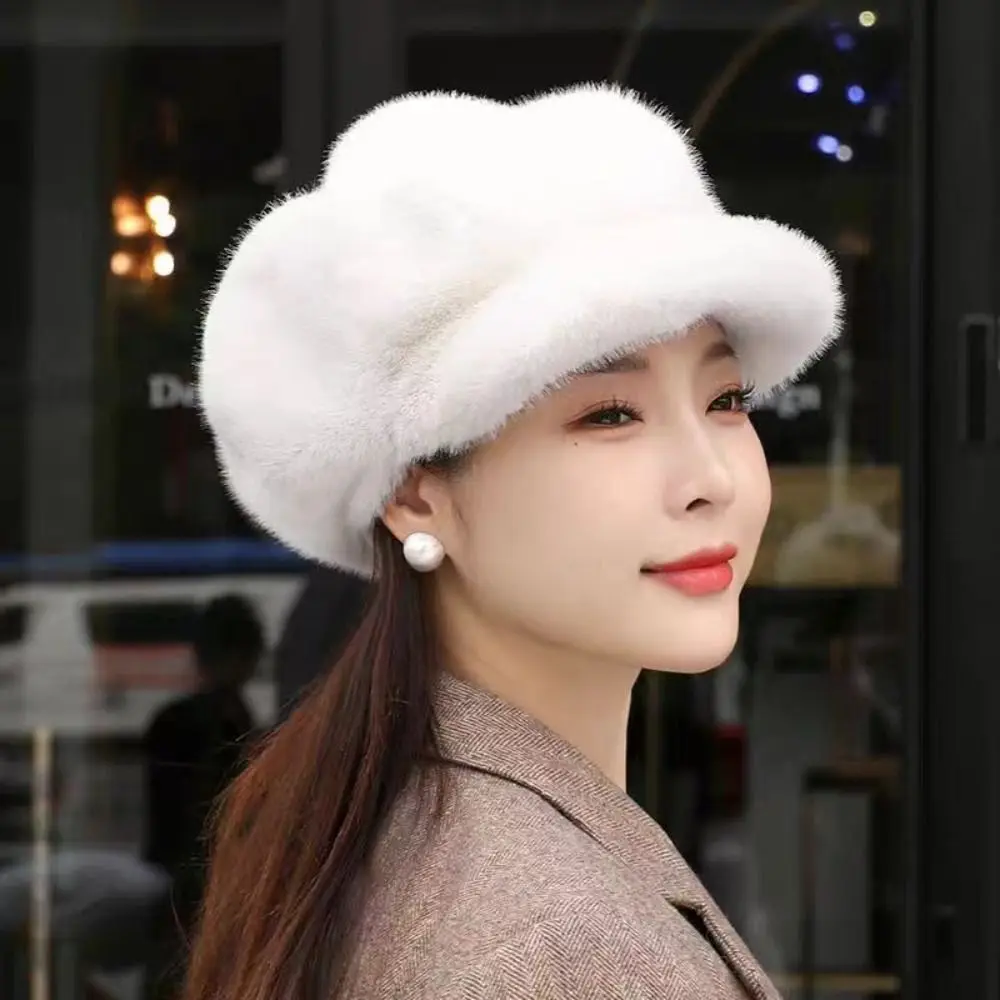 Fashion Protection From Cold Women Beret Solid Color Imitation Mink Thick Warm Hat Light Luxury Female Peaked Cap