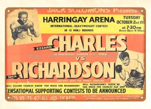 1956 boxing Ezzard Charles v. Dick Richardson metal tin sign house furnishing