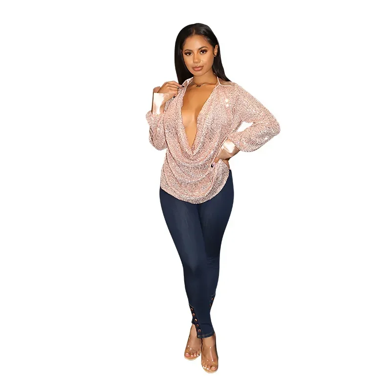 Womens Spring Autumn Sequin Shirts Casual V Neck Loose Long Sleeve Shirts Sparkly Glitter Night Club Evening Party Blouses Tops