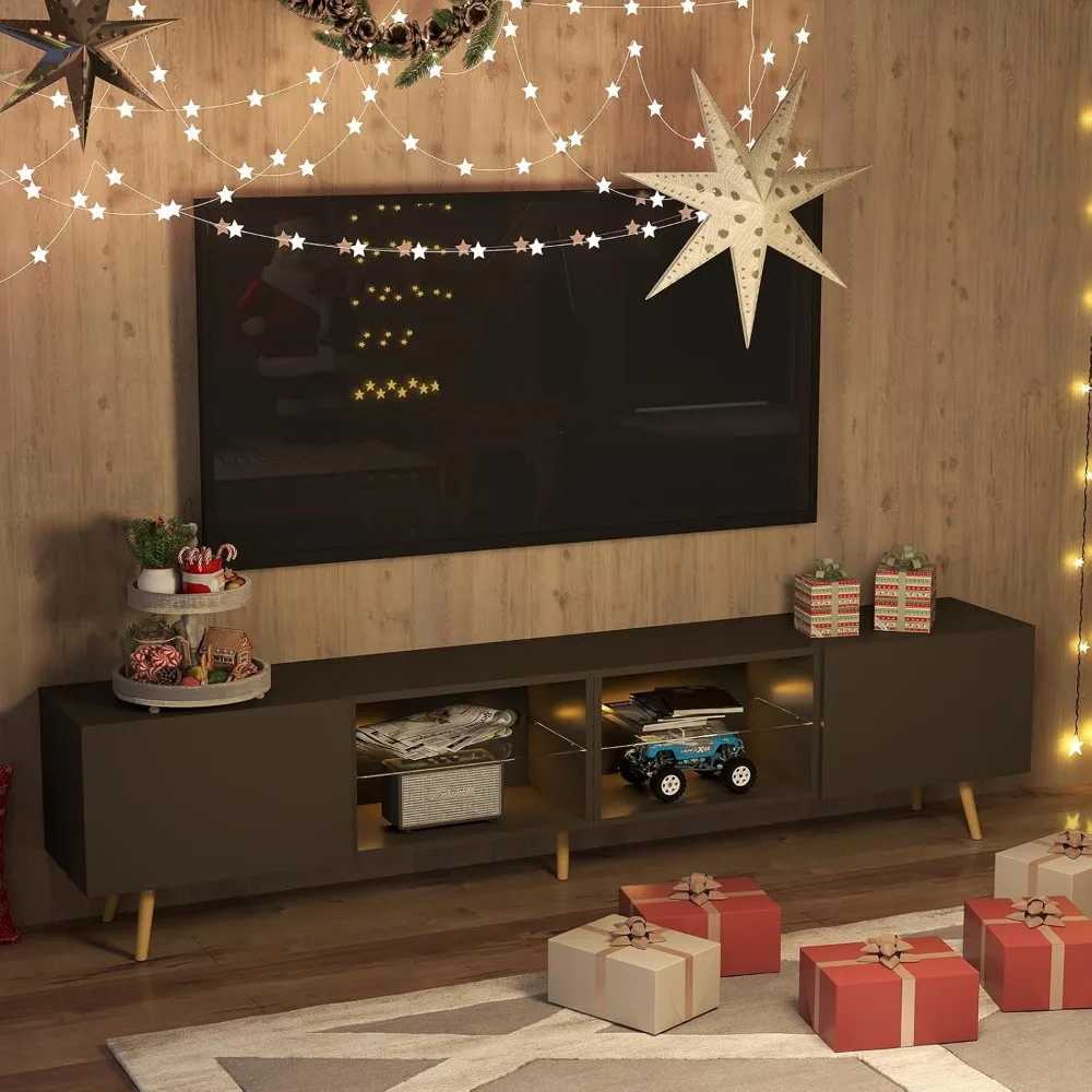 مركز ترفيهي حديث لـ 75 تلفزيونًا، حامل تلفزيون لغرفة المعيشة مع خزائن تخزين، طاولة وحدة تحكم تلفزيون بتصميم أنيق