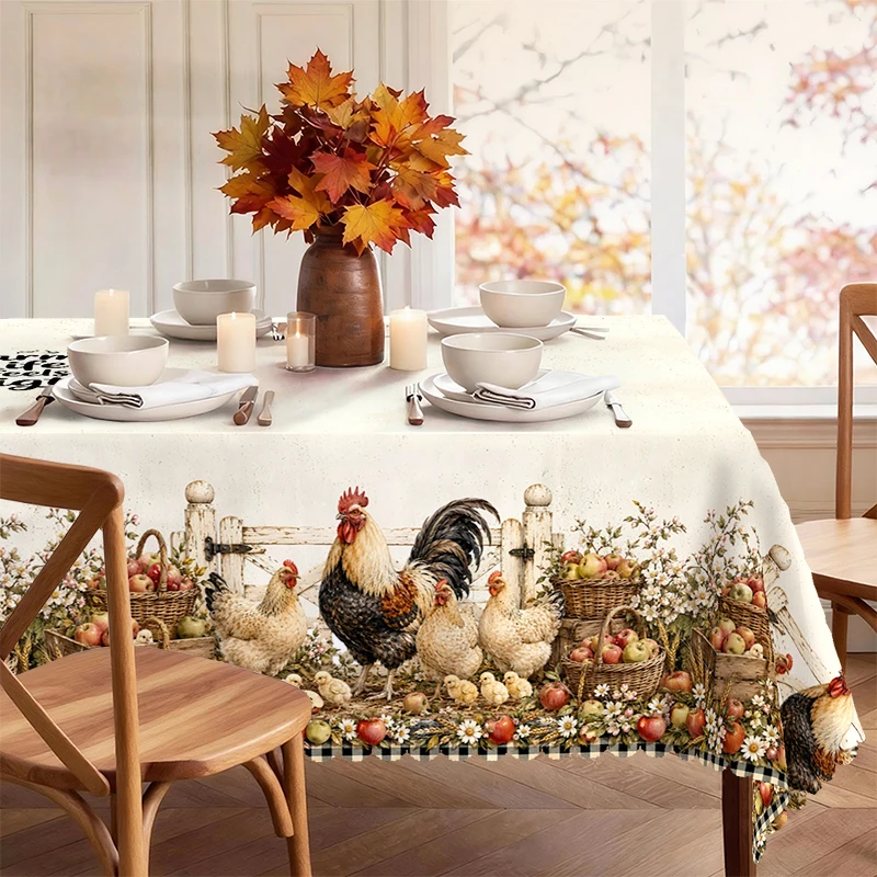 Farmhouse Tablecloth with Cows, Chickens, Rooster Barns for Indoor/Outdoor Camping decor, Rectangular/Round/Oval