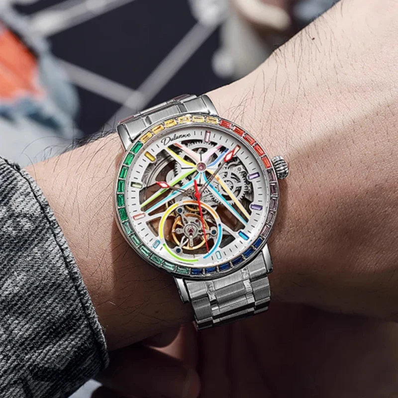 

Men's fully automatic mechanical watch 2024 new trend fashion rainbow inlaid diamond hollow out