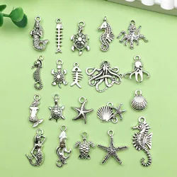 20pcs Antique Silvery Sea Life Charms Alloy Shells, Starfish, Octopus, Turtle Pendants For DIY Jewelry Making Accessories