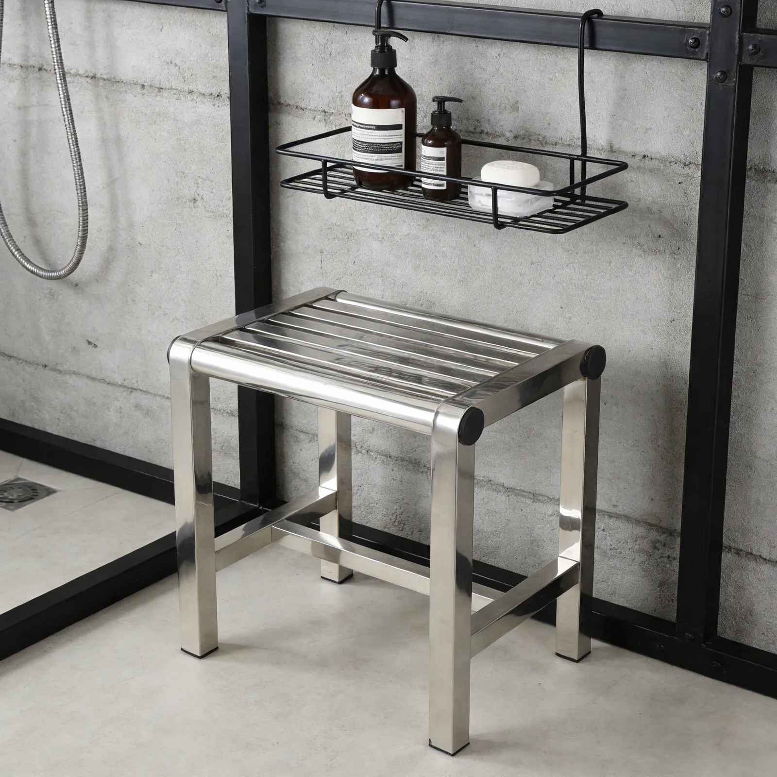 Waterproof Stainless Steel Shower Stool Anti-Slip Metal Footrest Bench 12.2x11.8x7.9in Compact Portable Step Stool for Bathroom