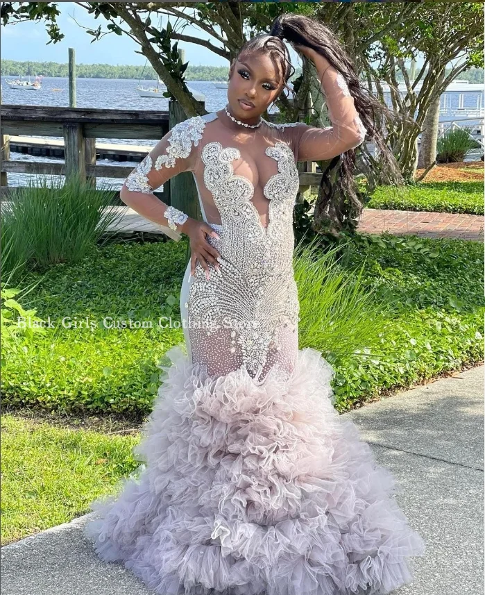 Luxury Lace Mermaid Prom Dress 2024 Silver Grey Long Sleeve Sexy See Through Mesh African Girl Wedding Party Dresses فساتين سهره