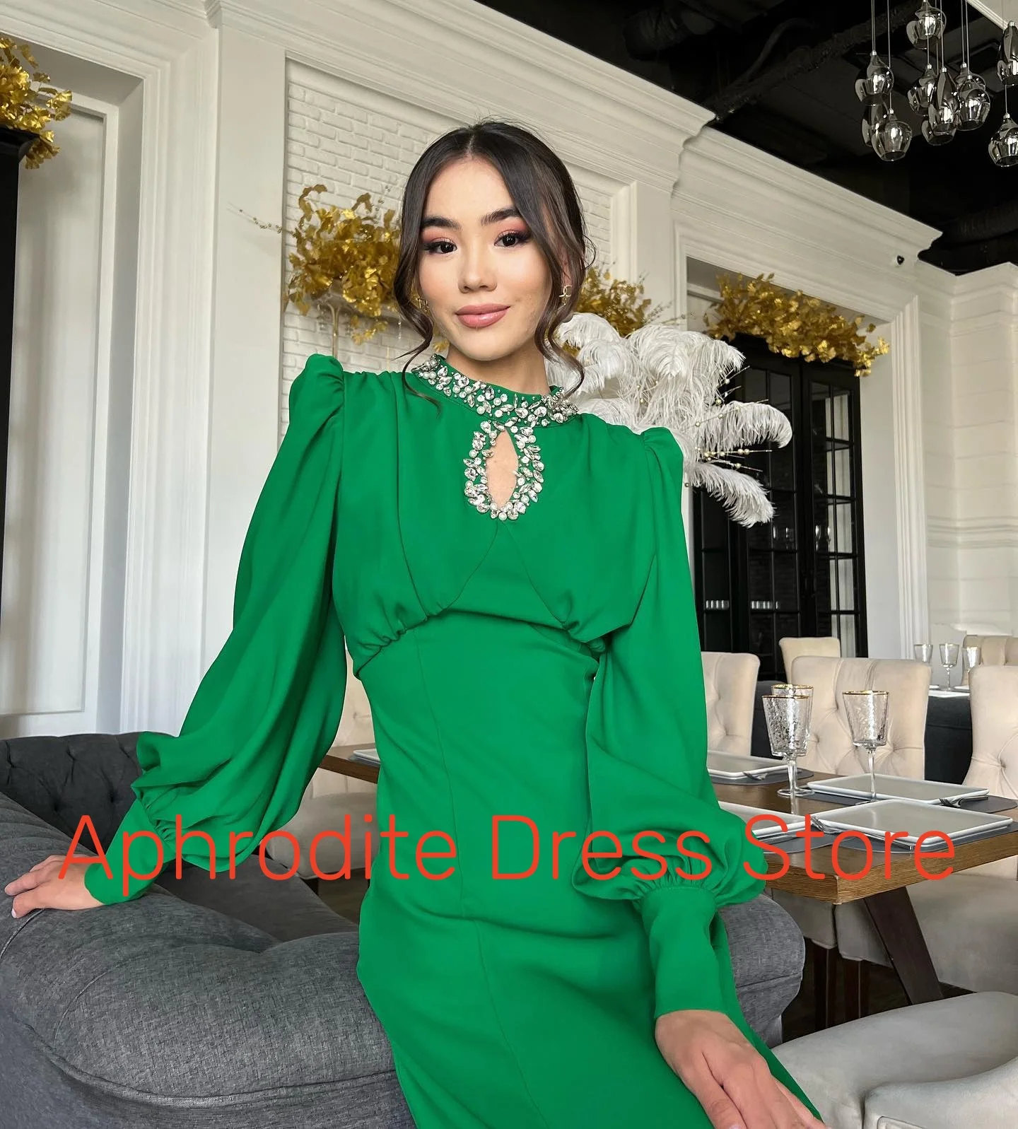 Aangepaste hoge kwaliteit jersey kristal avondjurken temperament lange mouwen celebrity jassen op maat gemaakte vestido de