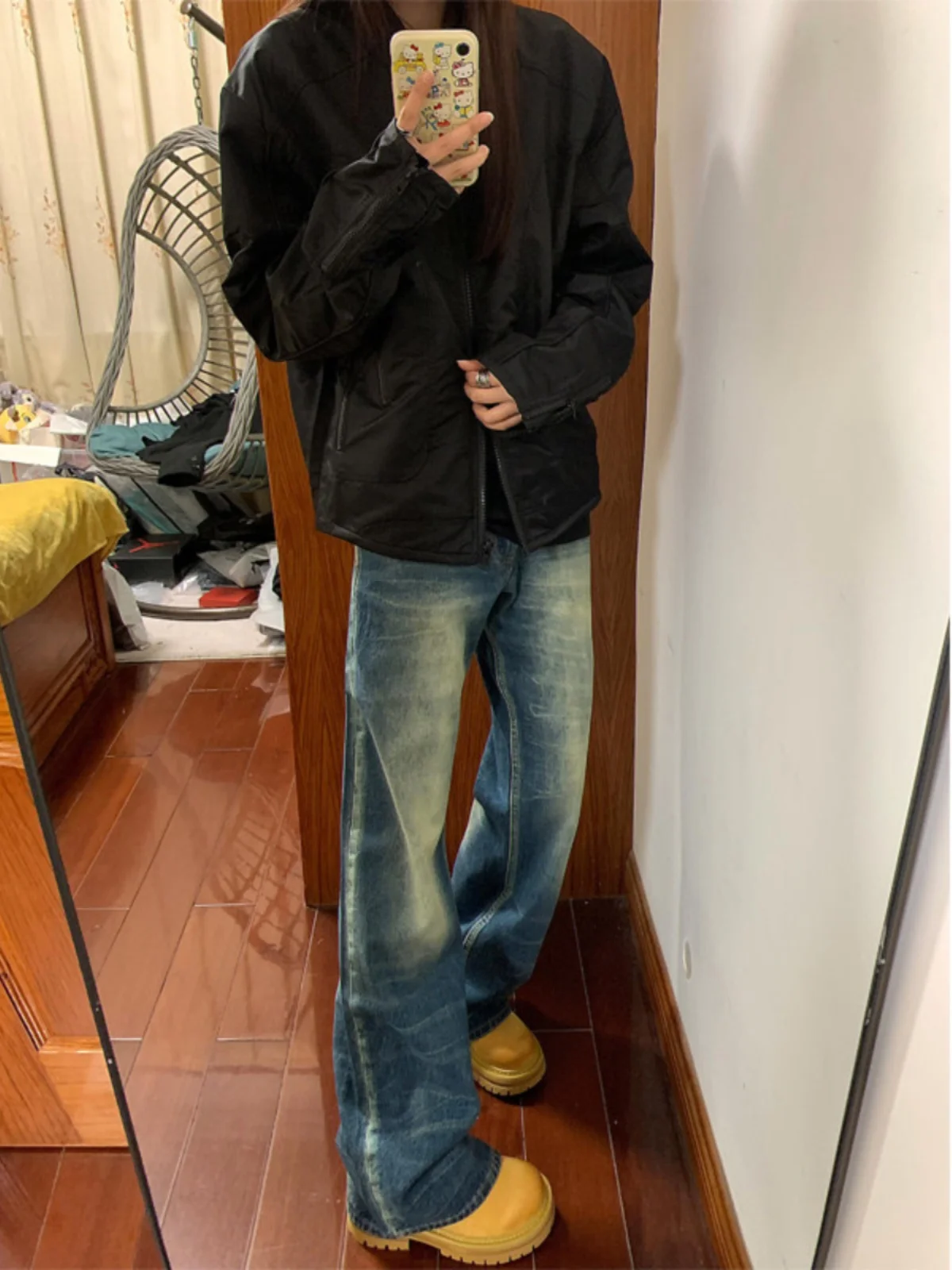 

Retro Waed Men's Bell Bot Jeans adient Blue Denim High Street Sle Straight Leg Vibe Trousers American Sle Autumn Wear