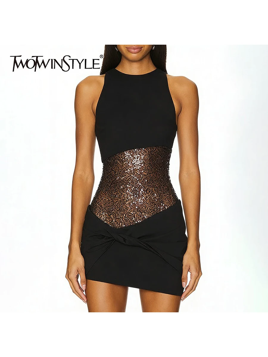 TWOTWINSTYLE solide minceur pure épissé plis Mini robes pour femmes col rond sans manches robe de mode femme vêtements nouveau