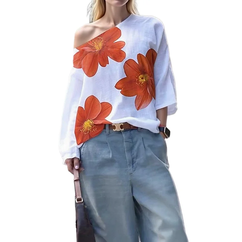 

Modigirl 2025 New Autumn Spring Flower Print Blouse for Woman Elegant One-shoulder Long Sleeves Loose Asymmetrical Shirts Female