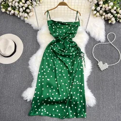 YuooMuoo Chic Polka Dot Camisole Dress for Women 2024 Summer Sexy High Split Drawstring Vacation Beach Long Dress Party Vestidos