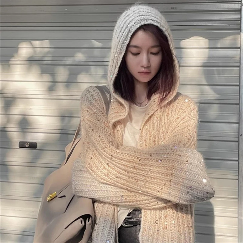 MEXZT Elegant Hooded Knitted Cardigan Women Sequin Sweater Coat Streetwear Oversized Knitwear Korean Loose All Match Jumper Tops