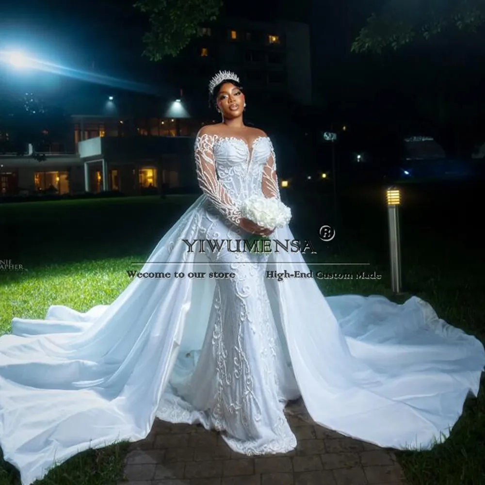 

Luxury Mermaid Wedding Dress For Black Girls Crystals Beads Lace Embroidery Bridal Gowns Customized Bride Formal Party Clothing