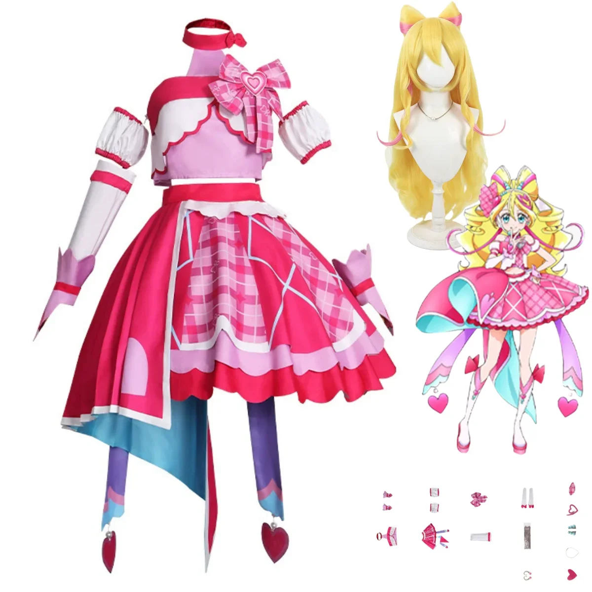 2025 Anime You and Idol Precure Sakura Uta disfraz de Cosplay vestido de princesa de rejilla rosa peluca mujer Sexy lindo traje de fiesta de cumpleaños