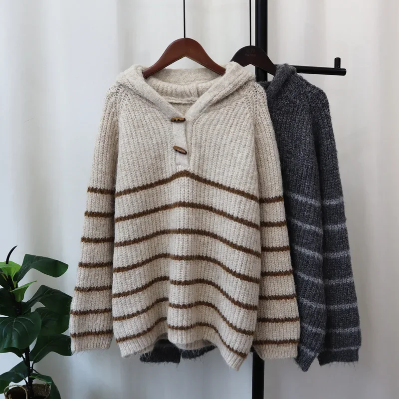 

Hooded Vintage Knitted Striped Spliced Button Pullovers Long Sleeve Sweaters Loose Fit Jumpers 2024 Slight Strech Autumn