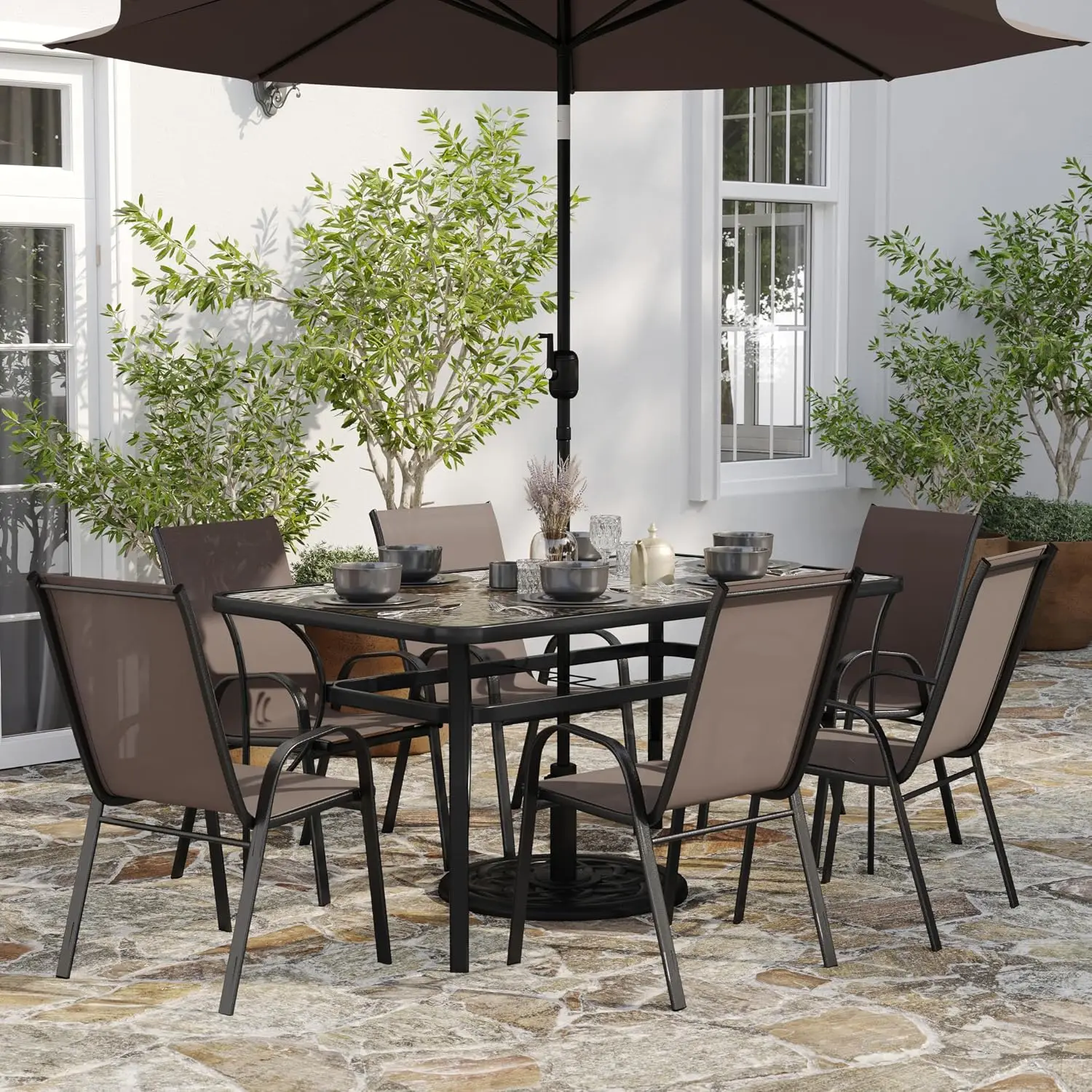 Outdoor Dining Set 7-Piece Glass Top Table With Umbrella Hole & 6 Stackable Textilene Patio Chairs Brown Black, Customized