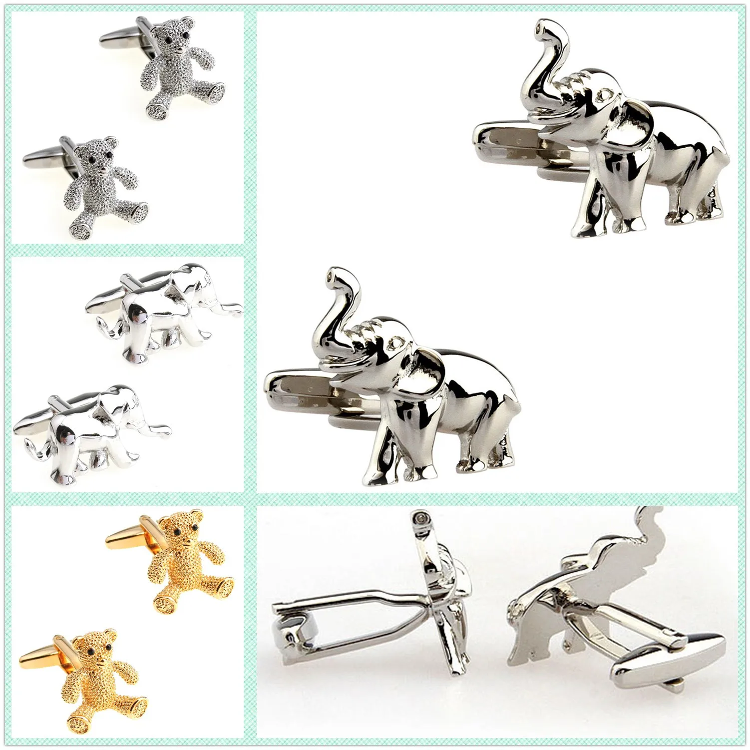 

4 Models Wholesale Fashion Animal Cufflinks Men Cuff Links Bear Elephant 50 Pairs