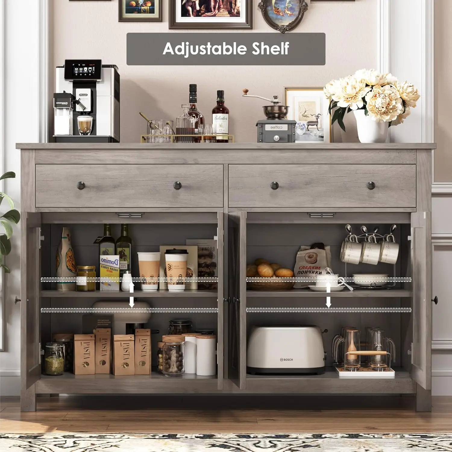 Aparador Buffet Cabinet com Armazenamento, Armazenamento de Cozinha, Coffee Bar Madeira, 2 Gavetas, 4 Portas, 55 Grandes