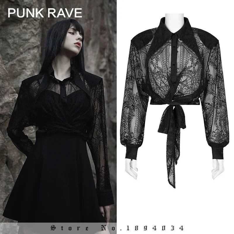 PUNK RAVE Women\'s Romantic Gothic Bandage Lace Shirt with Shoulder Pads Lolita Style Thin Jacquard Coat Spring Summer