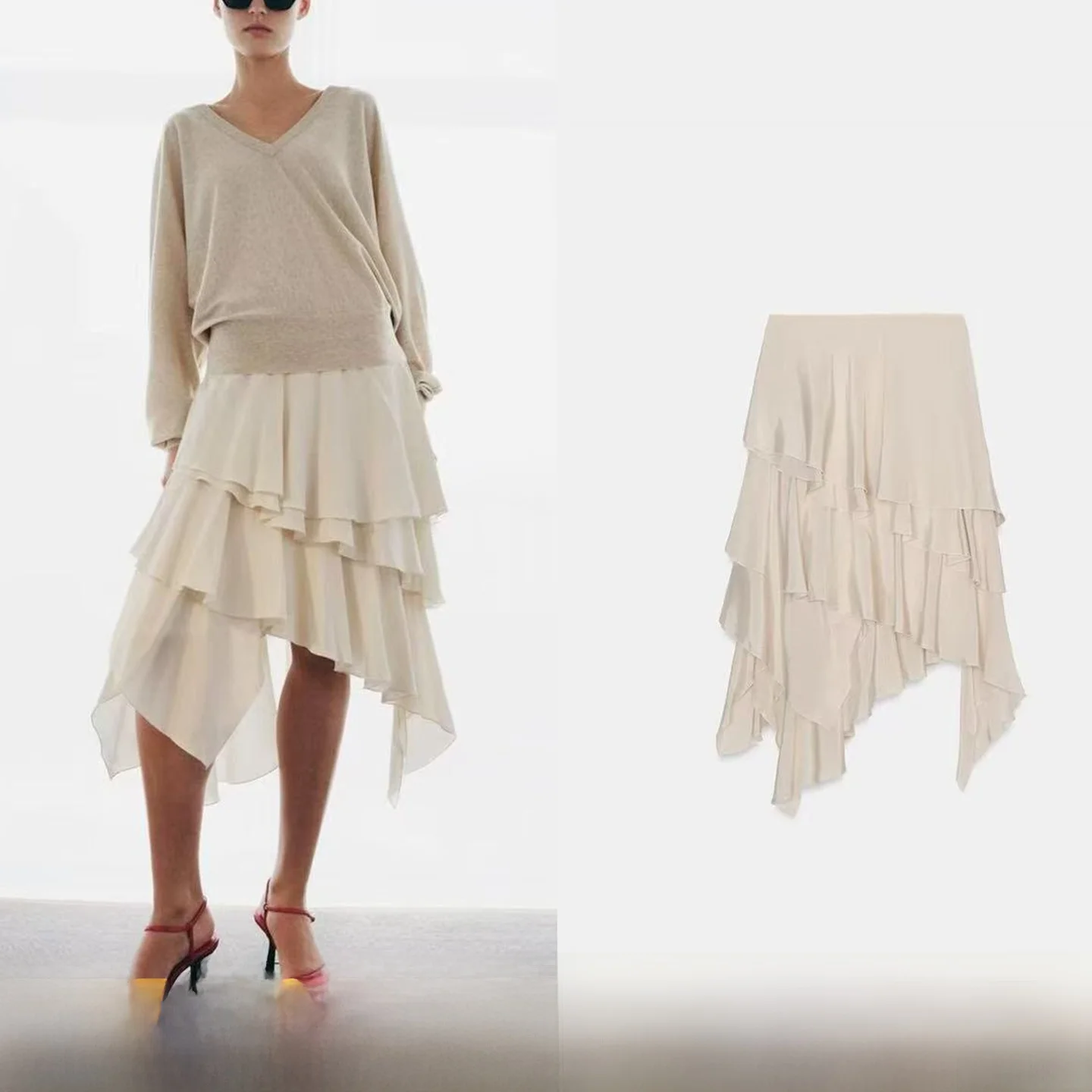 

Spring Summer New Women's Faion ort Loose Layered Decoration Ballet Sle Skirt High Waist Asymmetric Uneven Hemline