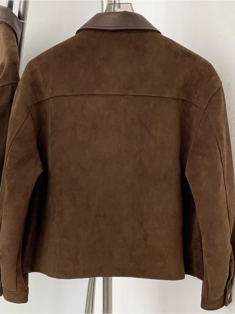 ZMEENNA ダークブラウンフェイクスエードジャケット女性用ボタン 2 つのポケットスタイリッシュで暖かいカジュアル冬アウター ZM4039