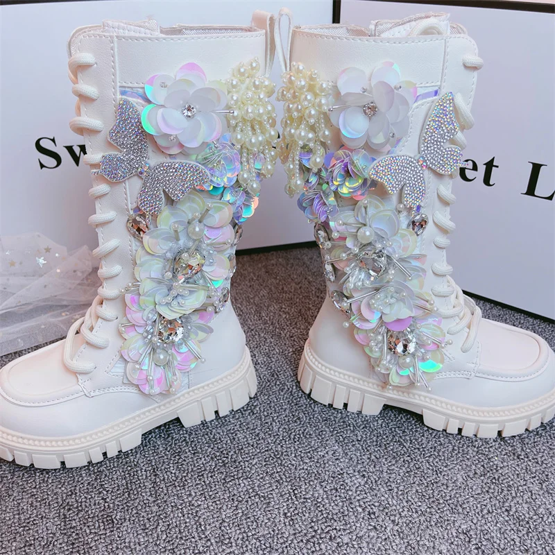 Girls High Boots 2023 Autumn Winter Toddler Kids Princess Fashion Brand Knee Long Boots Children Crystals Flower Handmade Shoes