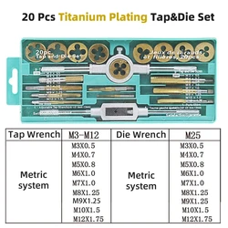 20 In 1 Tap And Die Set M3-M12 Male Thread Screw Threading Tool Kit Alloy Steel Female Mechanical Professional Tools Machine