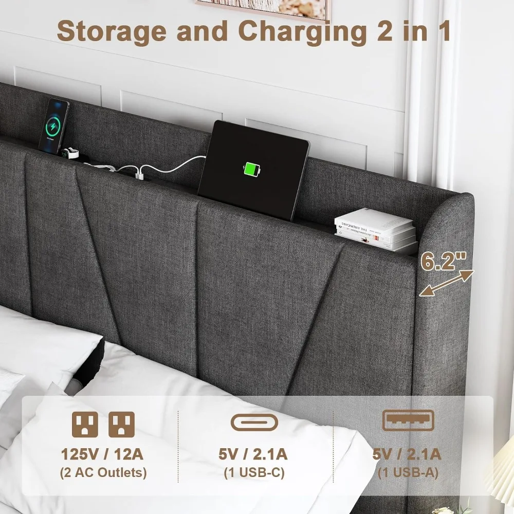 Queen Bed Frame with Headboard and Storage, Upholstered Bed Frames with Charging Station, Type-C & USB Ports, Platform Bed Frame