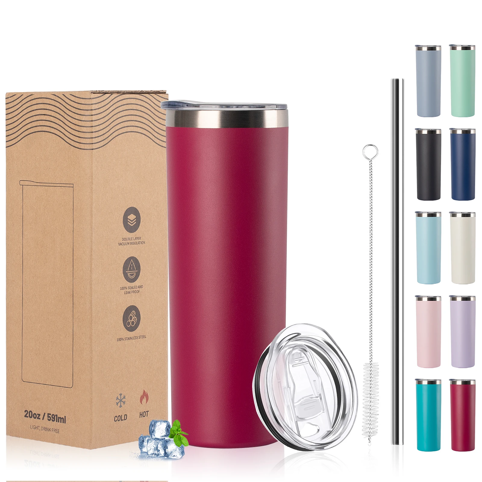 Vaso Térmico WATERSY de 20oz (590ml) con Pajita, Taza de Café de Acero Inoxidable con Aislamiento al Vacío Doble, Mantiene la Bebida Fría por 12 Horas