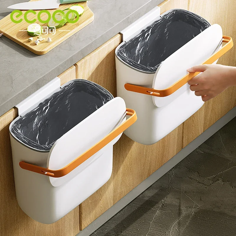 ECOCO 10L Trash Can for Kitchen Self-adhesive Hook Floor Stand Home Waste Bin Bathroom Recycling Garbage Dustbin Cleaning Tools