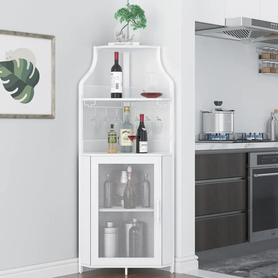 Wine Bar Rack Cabinet with Detachable Wine Rack, Bar Cabinet with Glass Holder, Small Sideboard and Buffet Cabinet with Mesh Doo