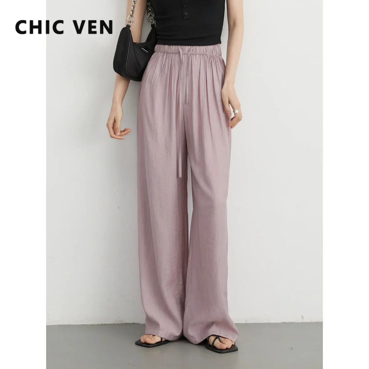 CHIC VEN Korean Women Pants High Waisted Loose Solid Textured Elastic Waist Wide Leg Casual Trousers for Woman Sport Summer 2026